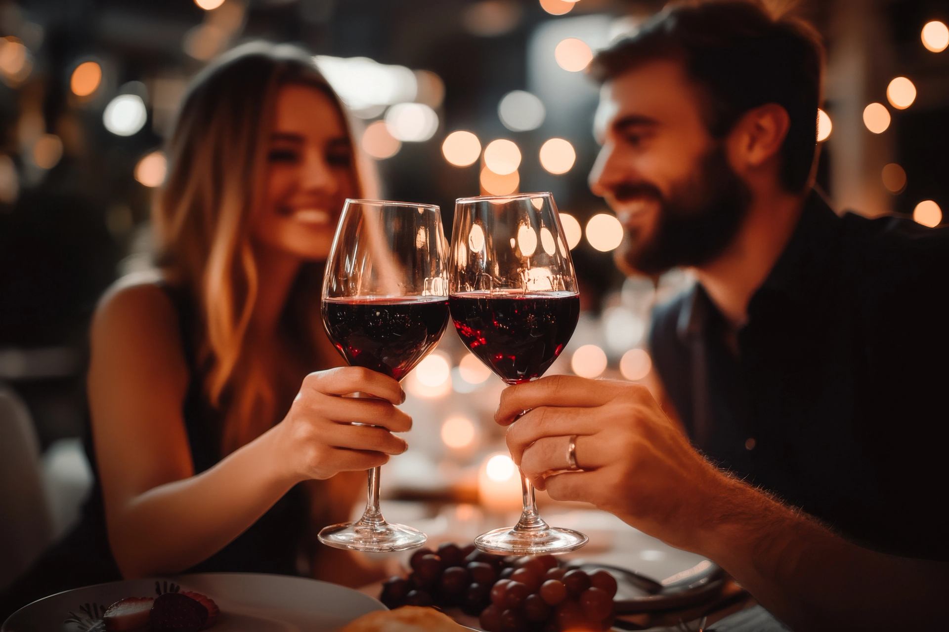 Two glasses of red wine raised in a toast over a candlelit table during Wine Night.