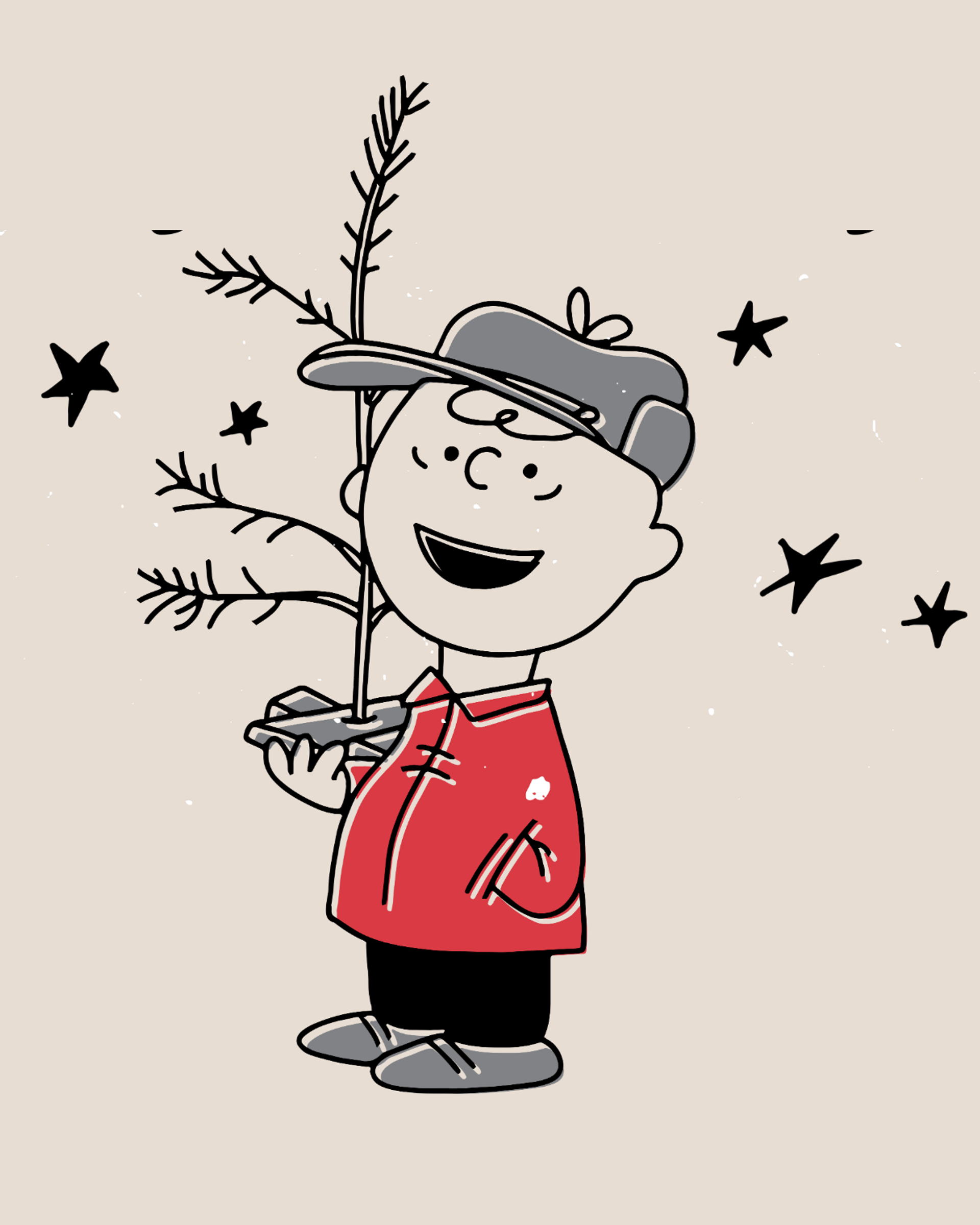 Cartoon character holding a small, sparse tree with stars in the background.