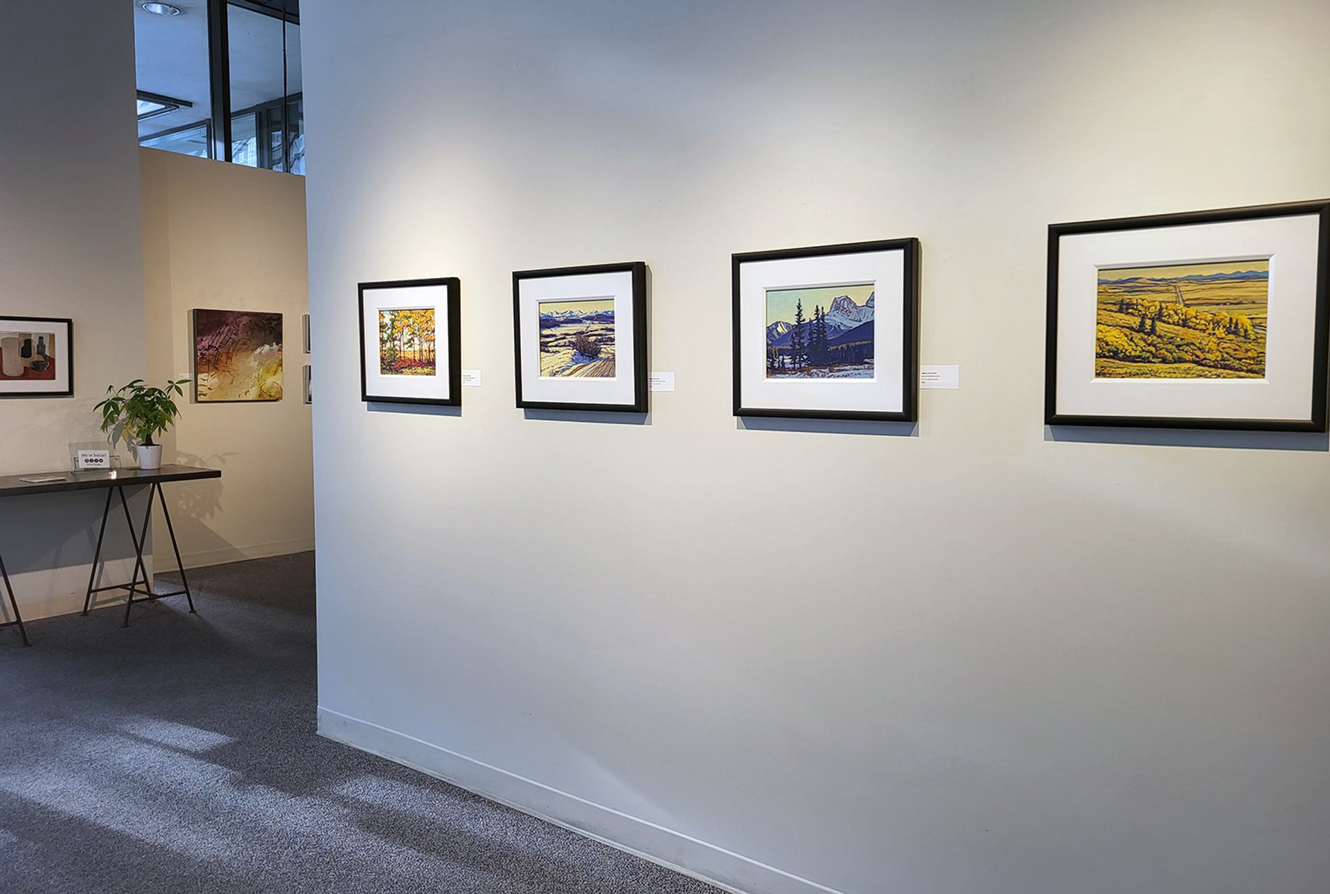 Gallery wall displaying framed landscape paintings in a bright, modern space at Wallace Galleries.