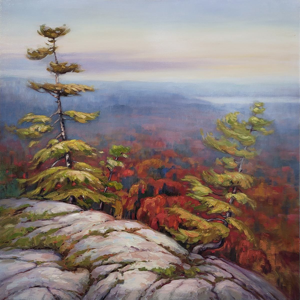 Painting of windswept pines on a rocky ridge overlooking a colourful forest.
