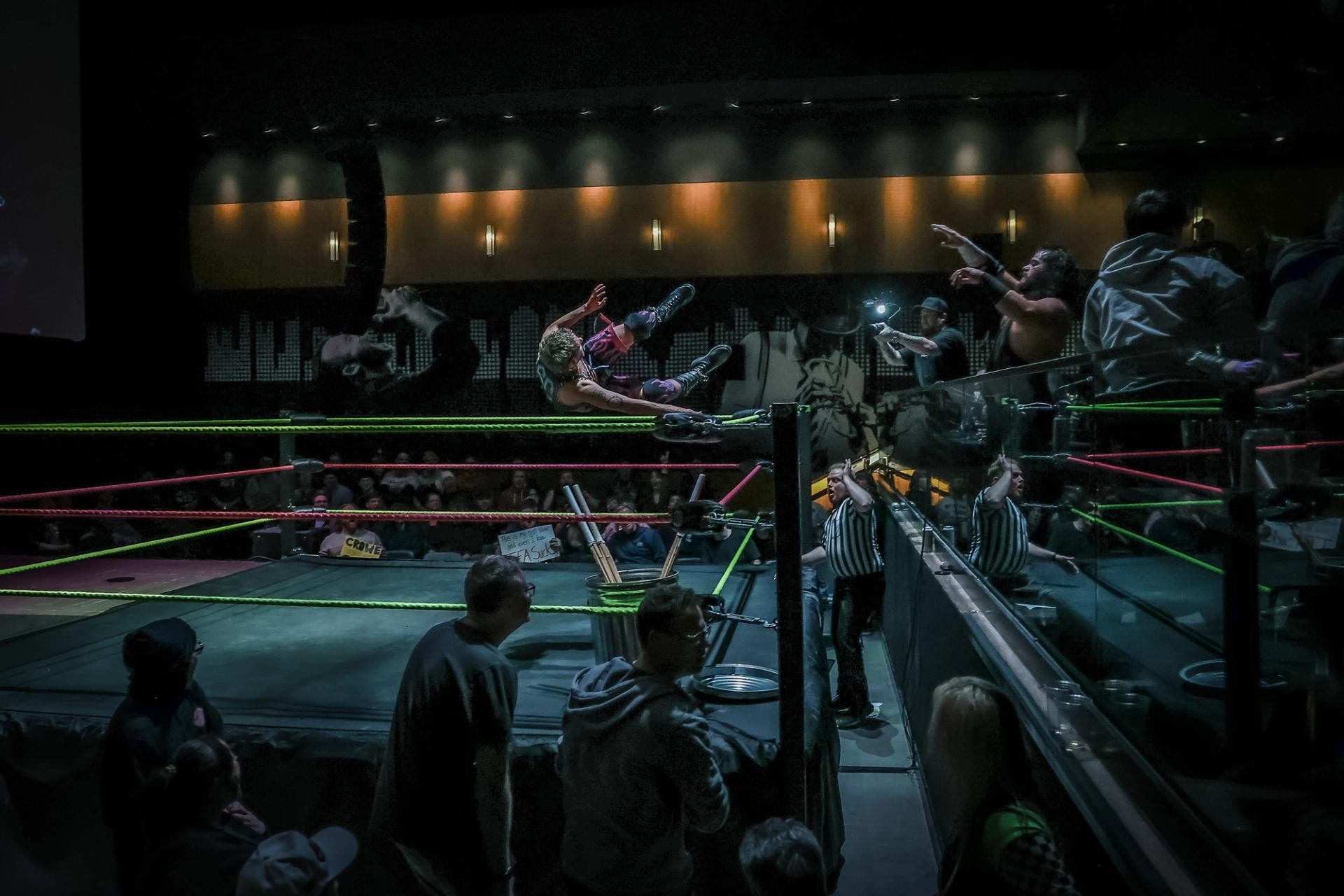 High‑flying wrestling action at a Love Pro Wrestling event with competitors airborne inside the ring.