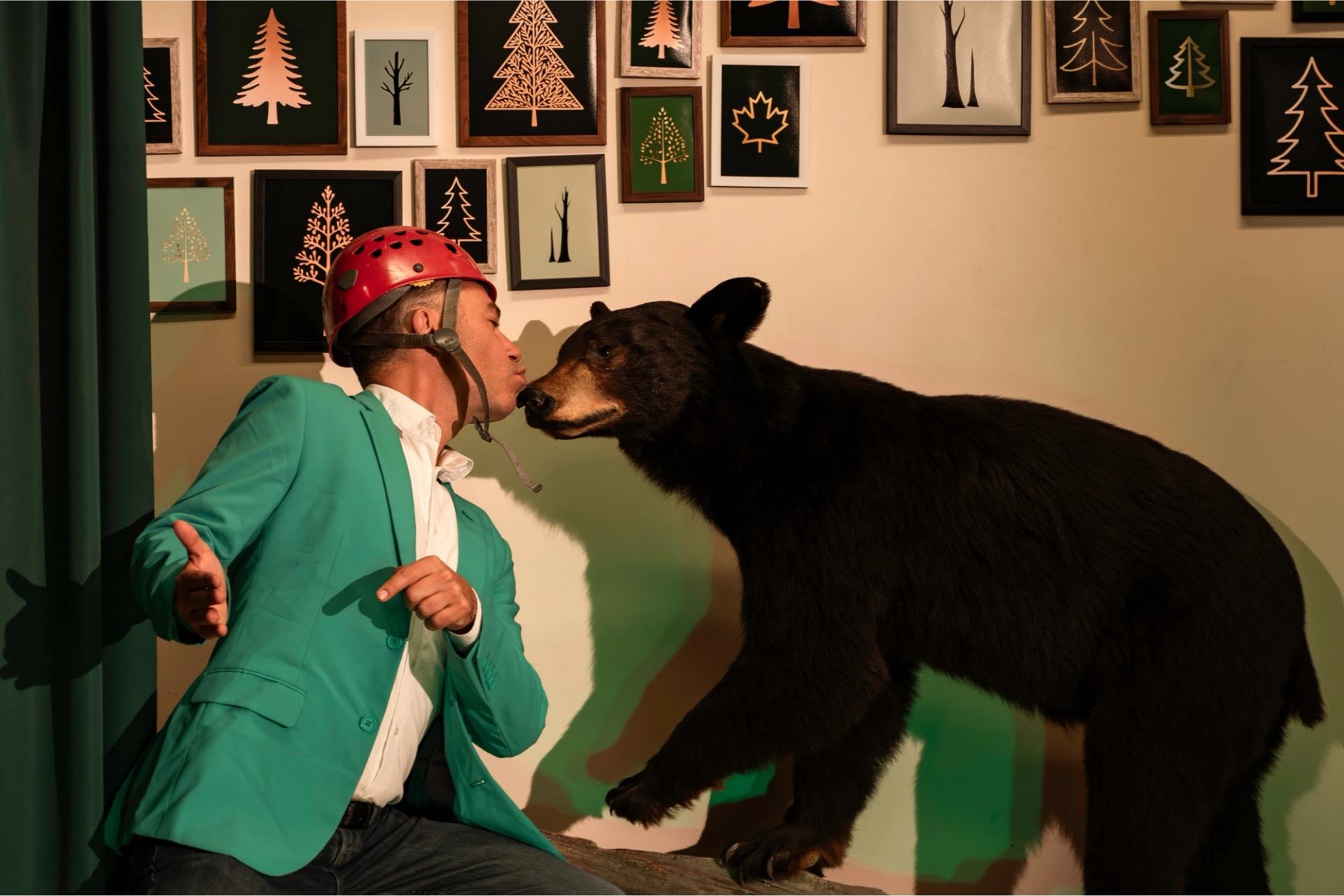 Performer acting beside a bear prop during a comedic moment