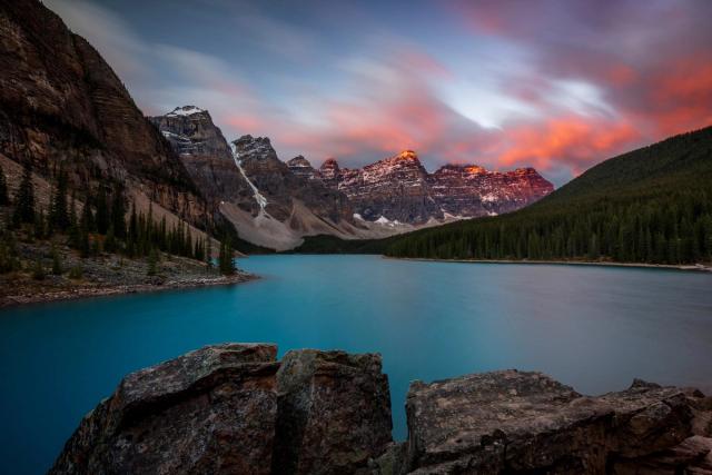 Scenic shot of Moraine Lake in the Canadian Rockies.