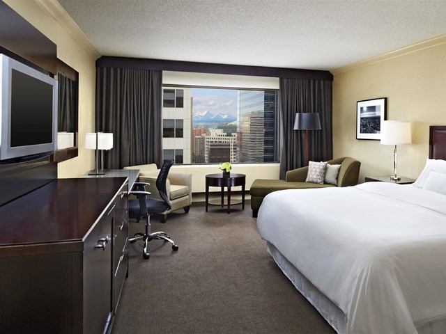 Spacious guest room with king bed, desk, and city view window.