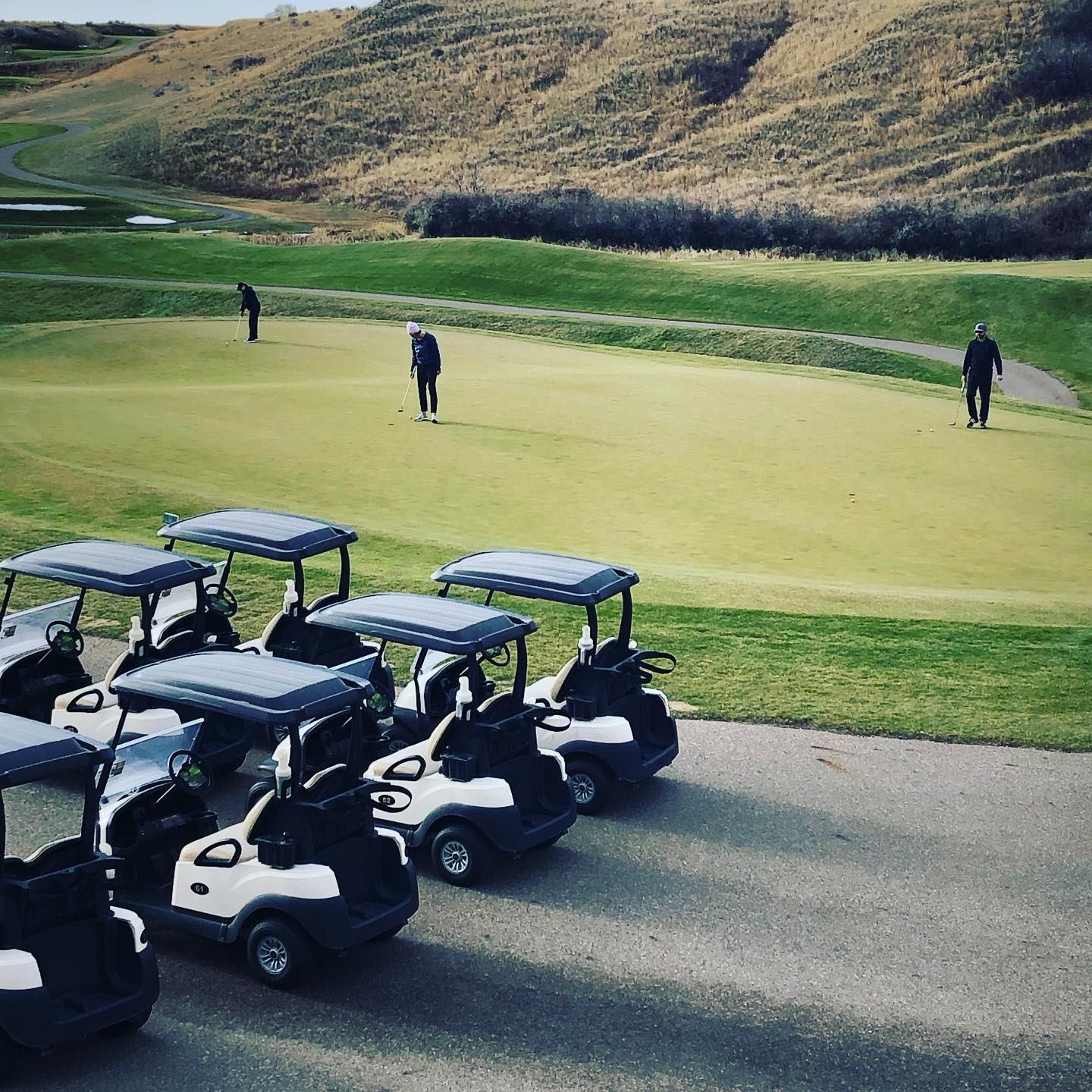 Golf carts parked beside putting green with golfers, rolling hills in background.