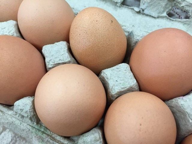 Fresh brown eggs in a carton.