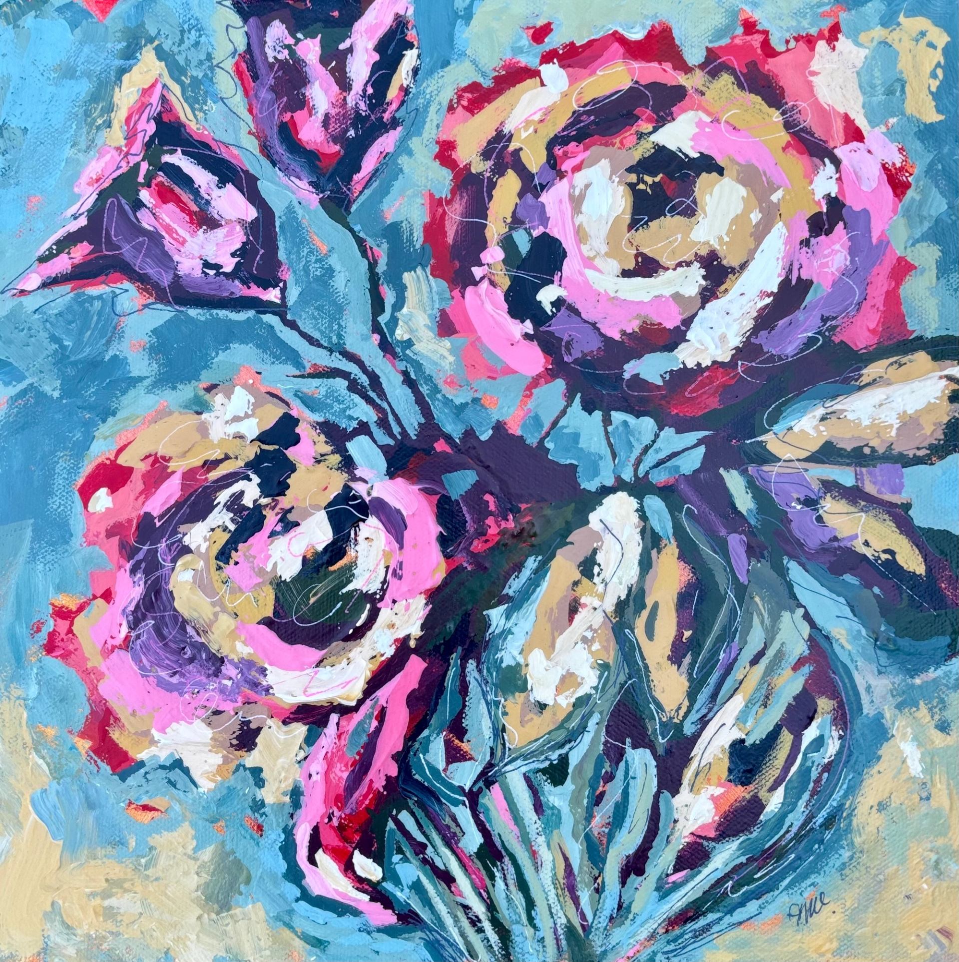 Abstract floral painting with pink, purple and cream blooms against a blue background.