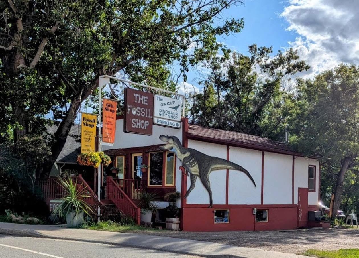 Small roadside fossil shop with bright signs and a large dinosaur mural on the exterior wall.