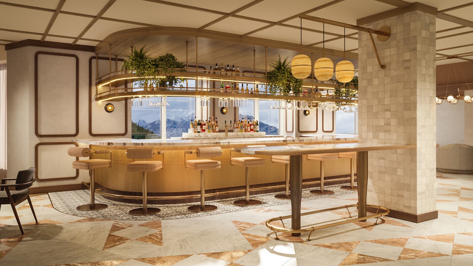 A bright, elegant bar with gold accents, upholstered stools, and hanging globe lights.