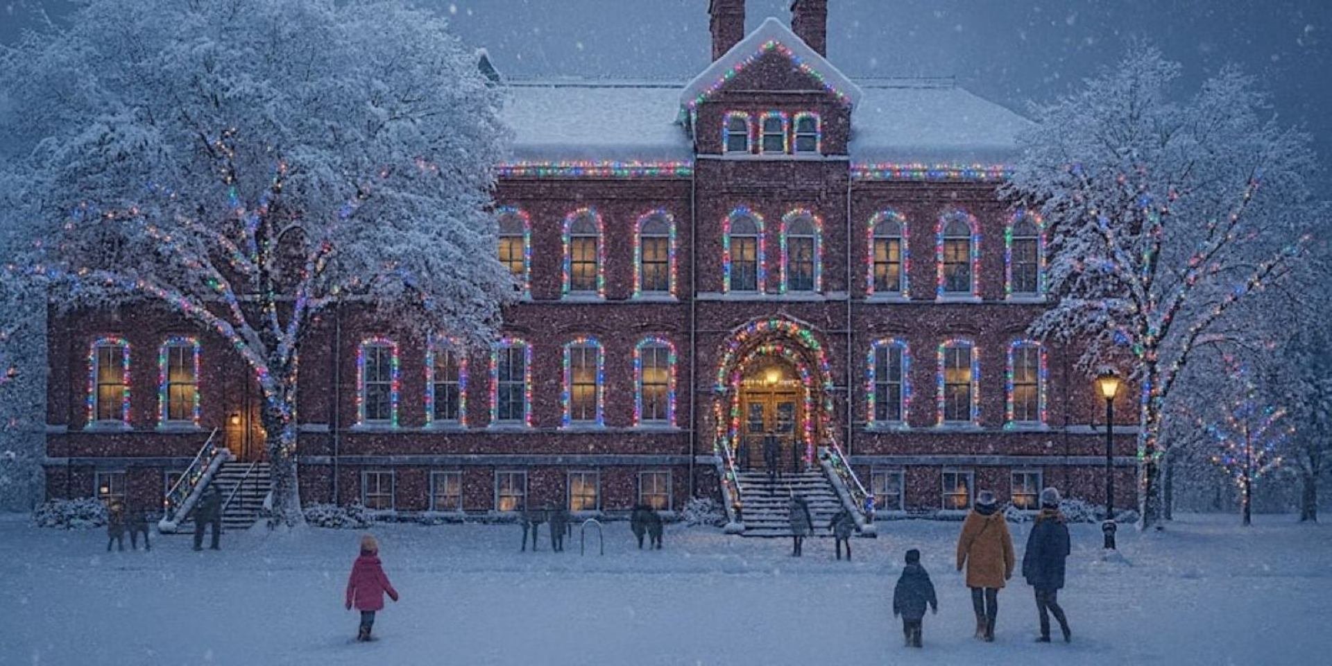 Historic brick museum lit with holiday lights in snowy winter setting.