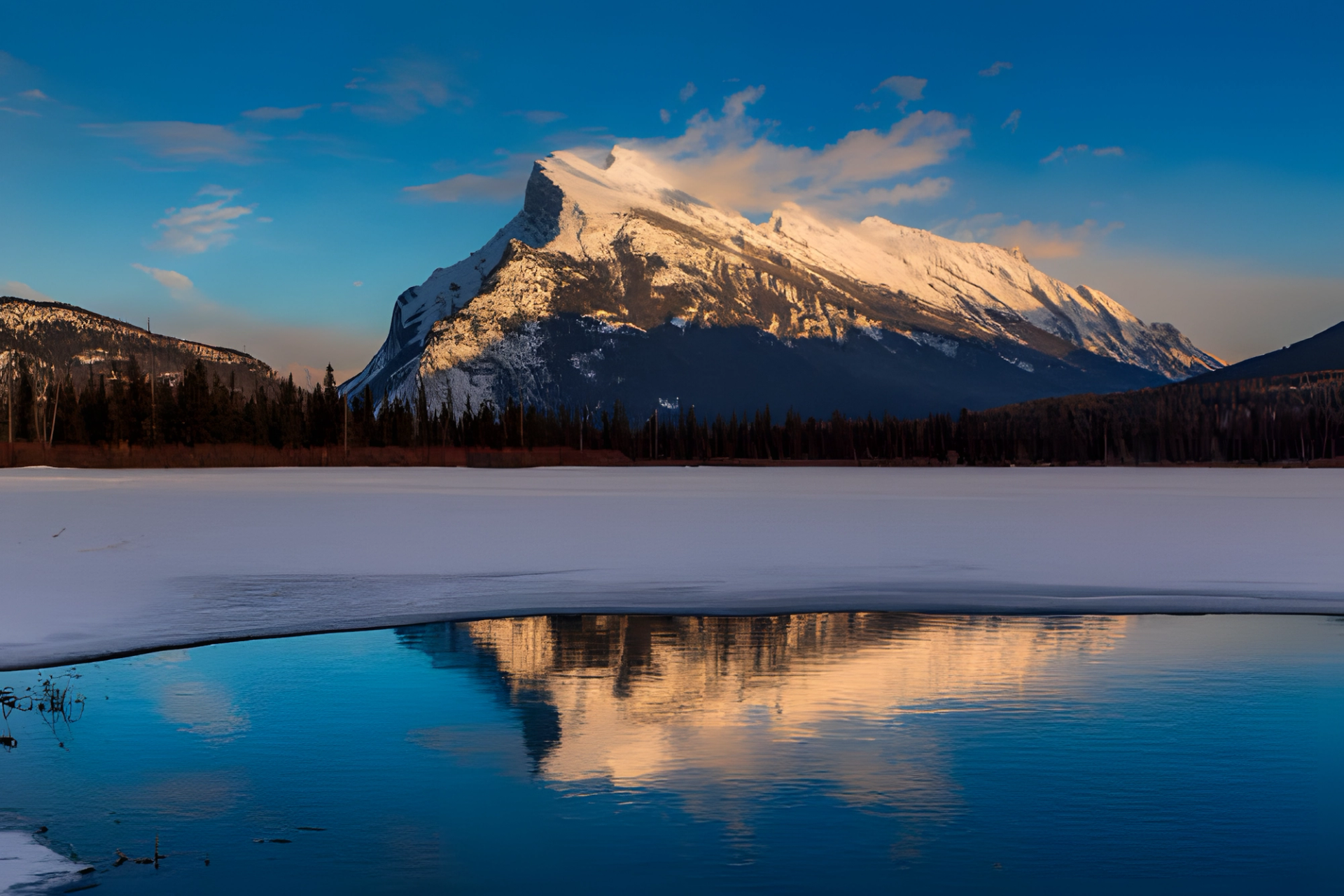 Snowy mountain reflected in a calm lake at Banff National Park.