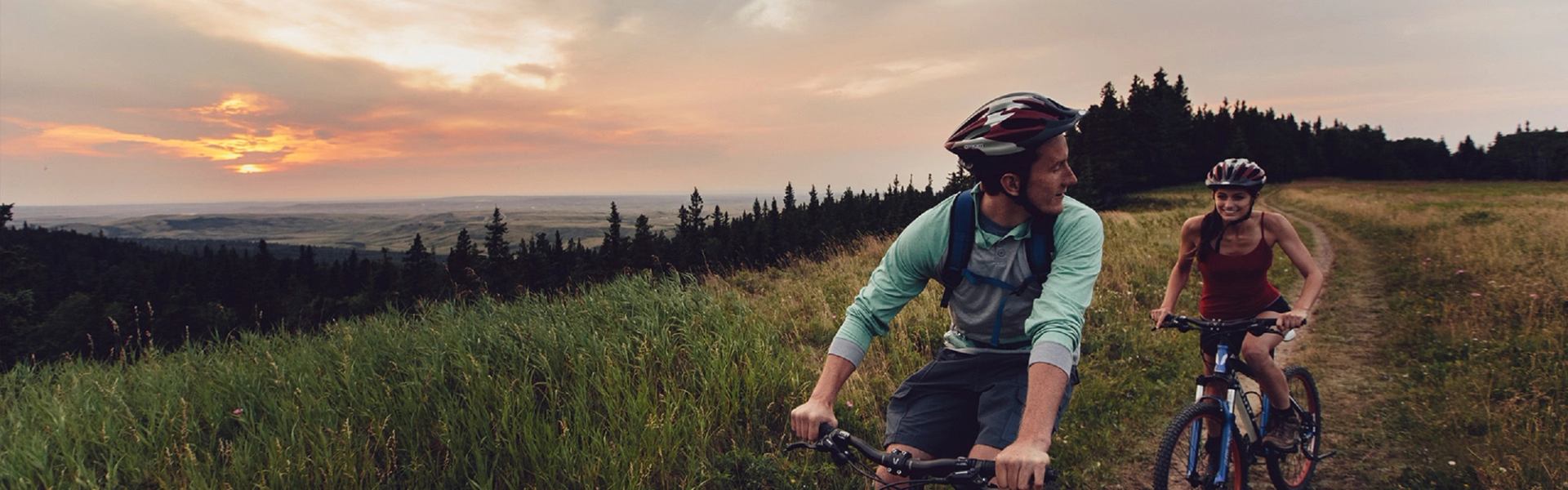 Cyclists ride mountain bikes on a grassy trail beside a forest at sunset.