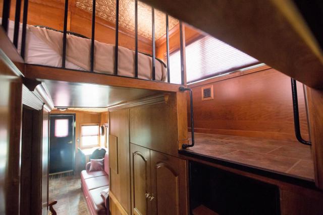 Interior of a Caboose Cabin at Aspen Crossing.