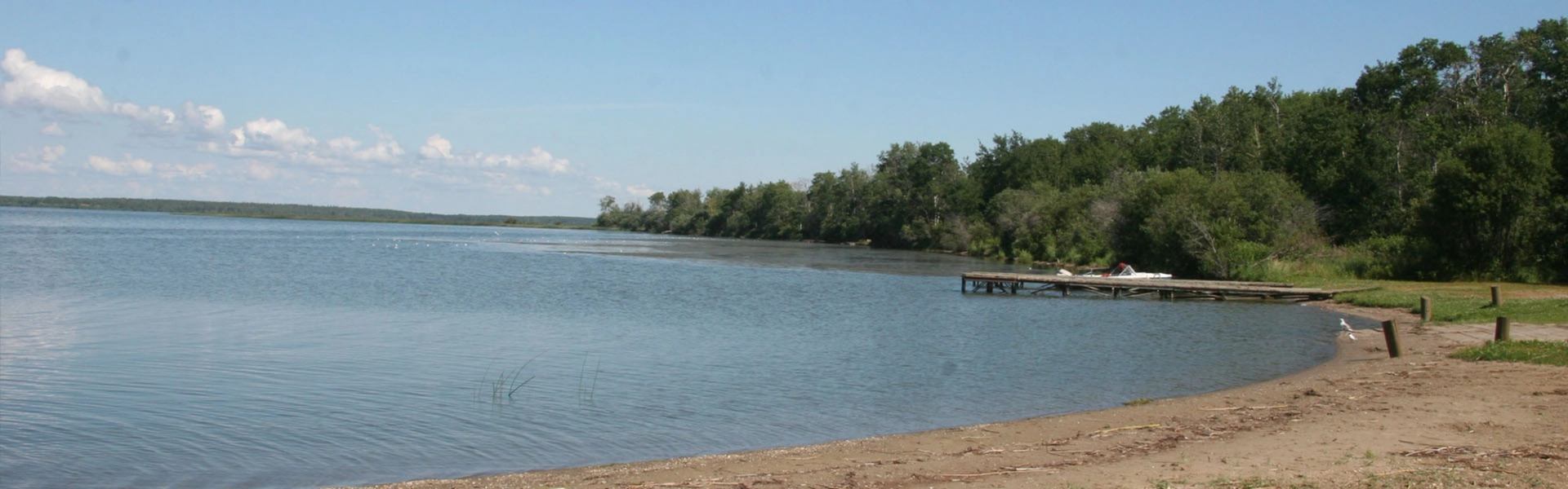 Sandy lakeshore with calm water, dock, and forested background under a clear blue sky.