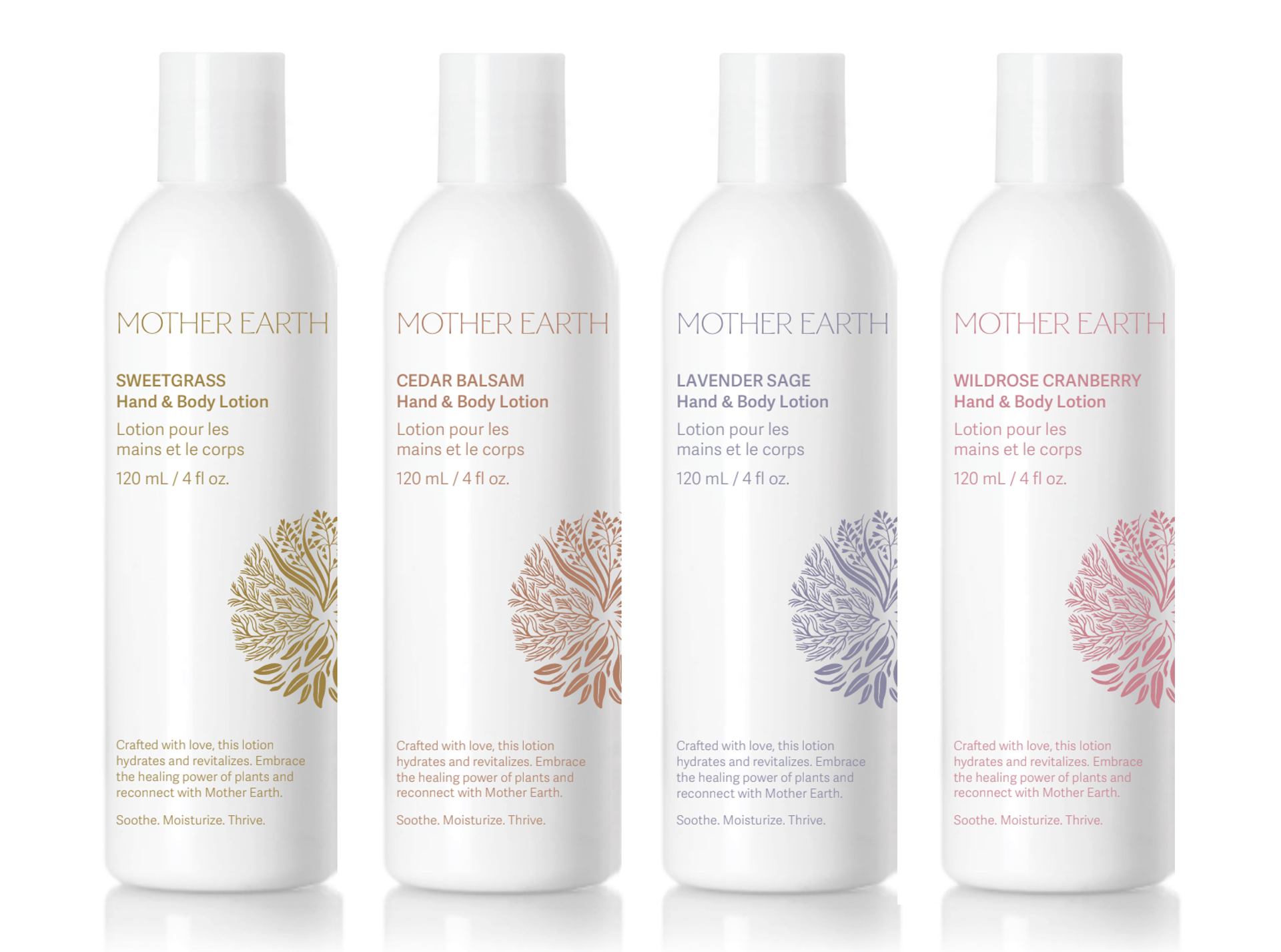 Four Mother Earth hand and body lotion bottles with different botanical scent labels.