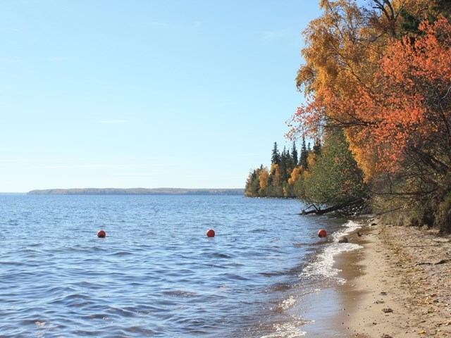 Lake shore in autumn with vibrant trees, three orange buoys, and a sandy beach.