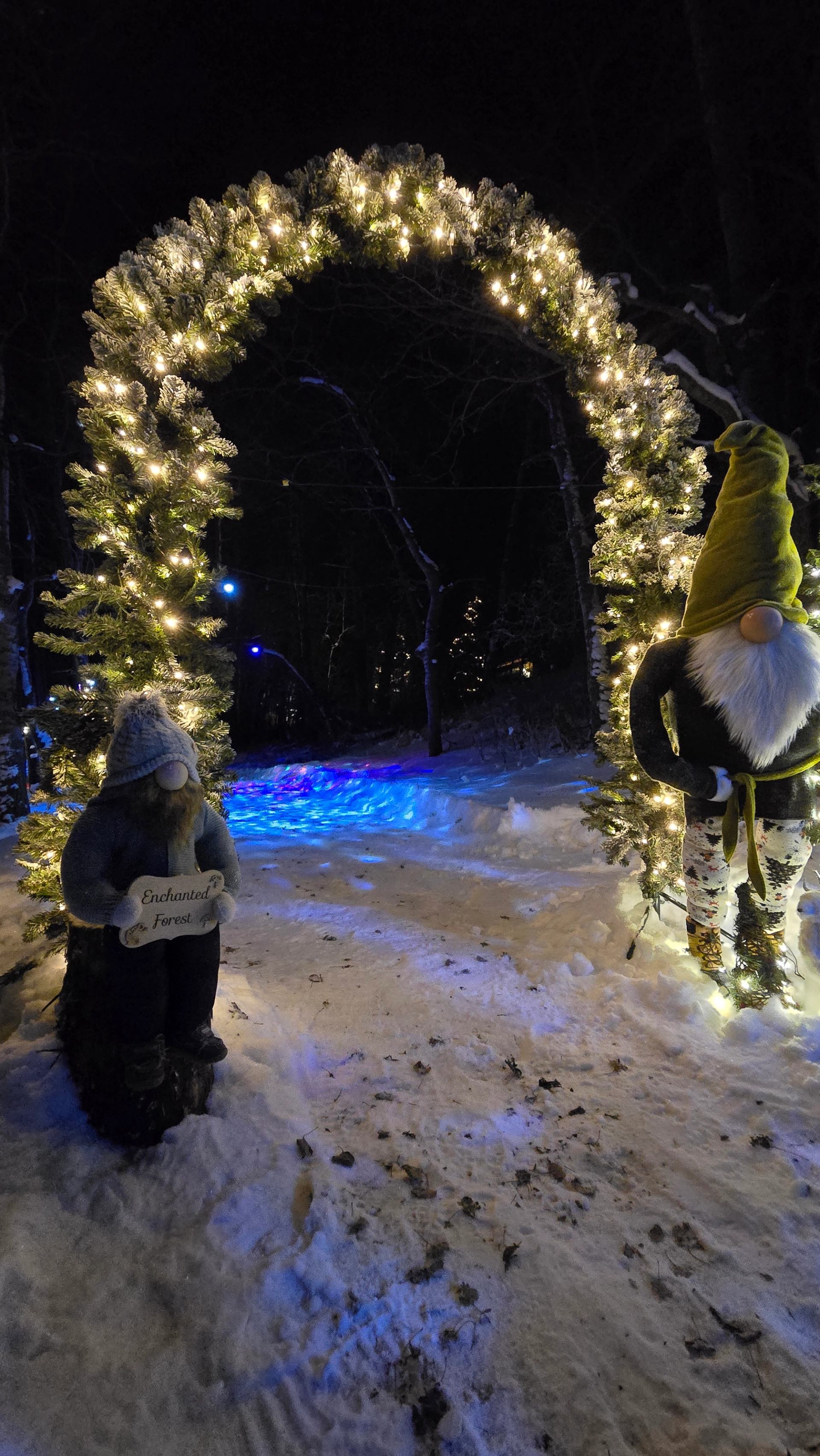 Snowy archway lit with warm lights at Winter Wonderland Festival.