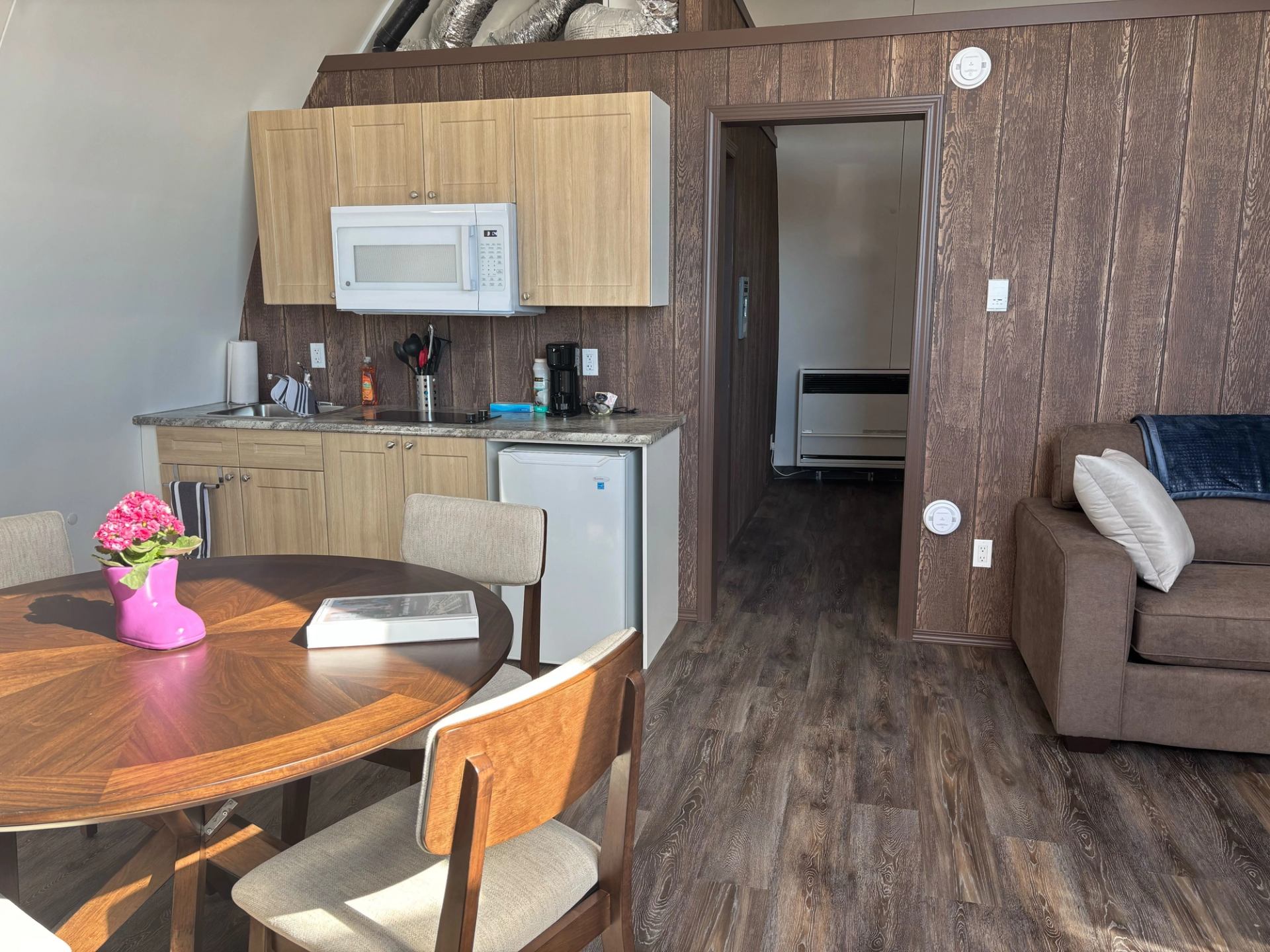 Cozy dome interior with dining table, kitchenette, and sofa.