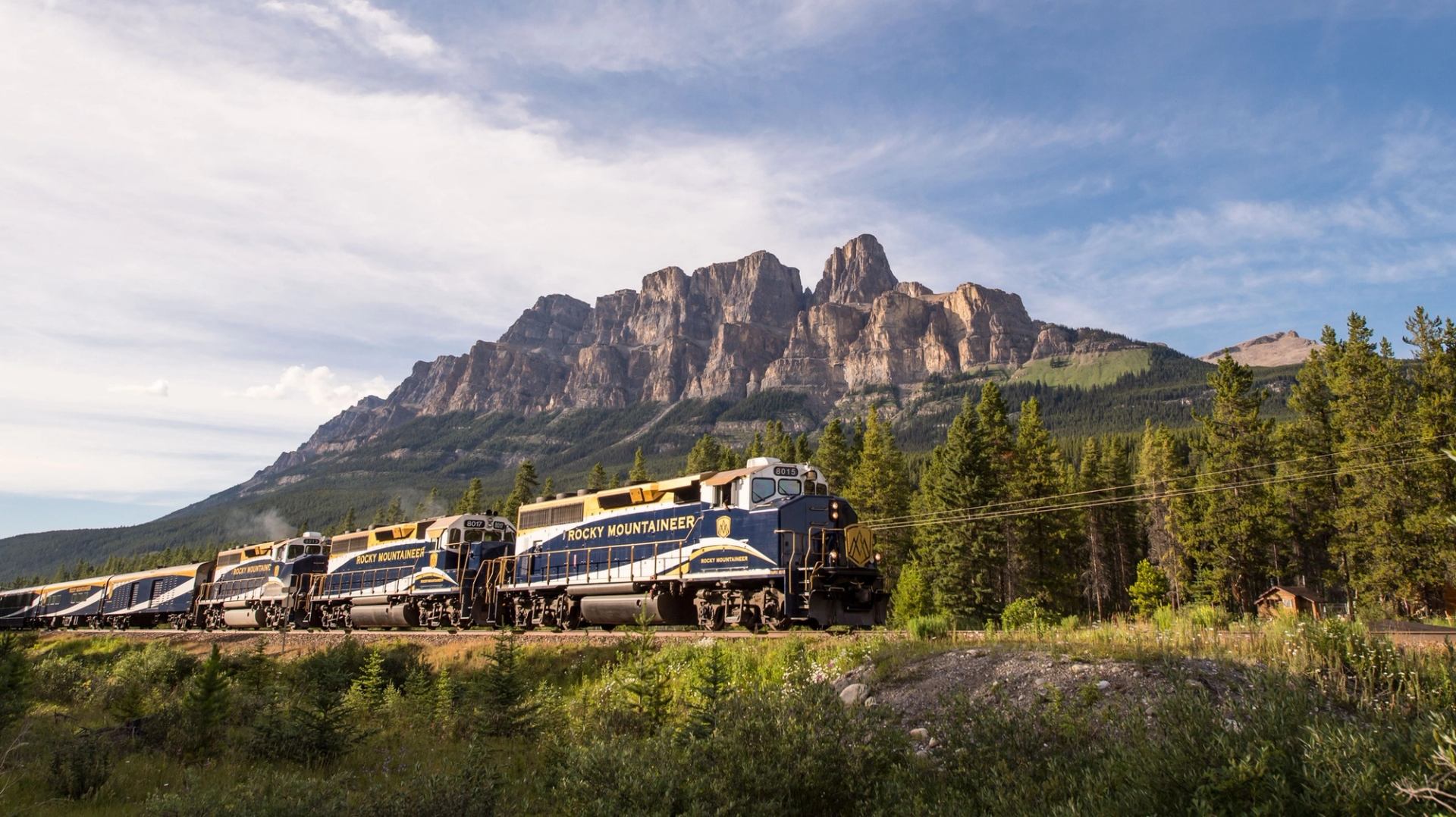 Train in forested area with mountains and partly cloudy sky