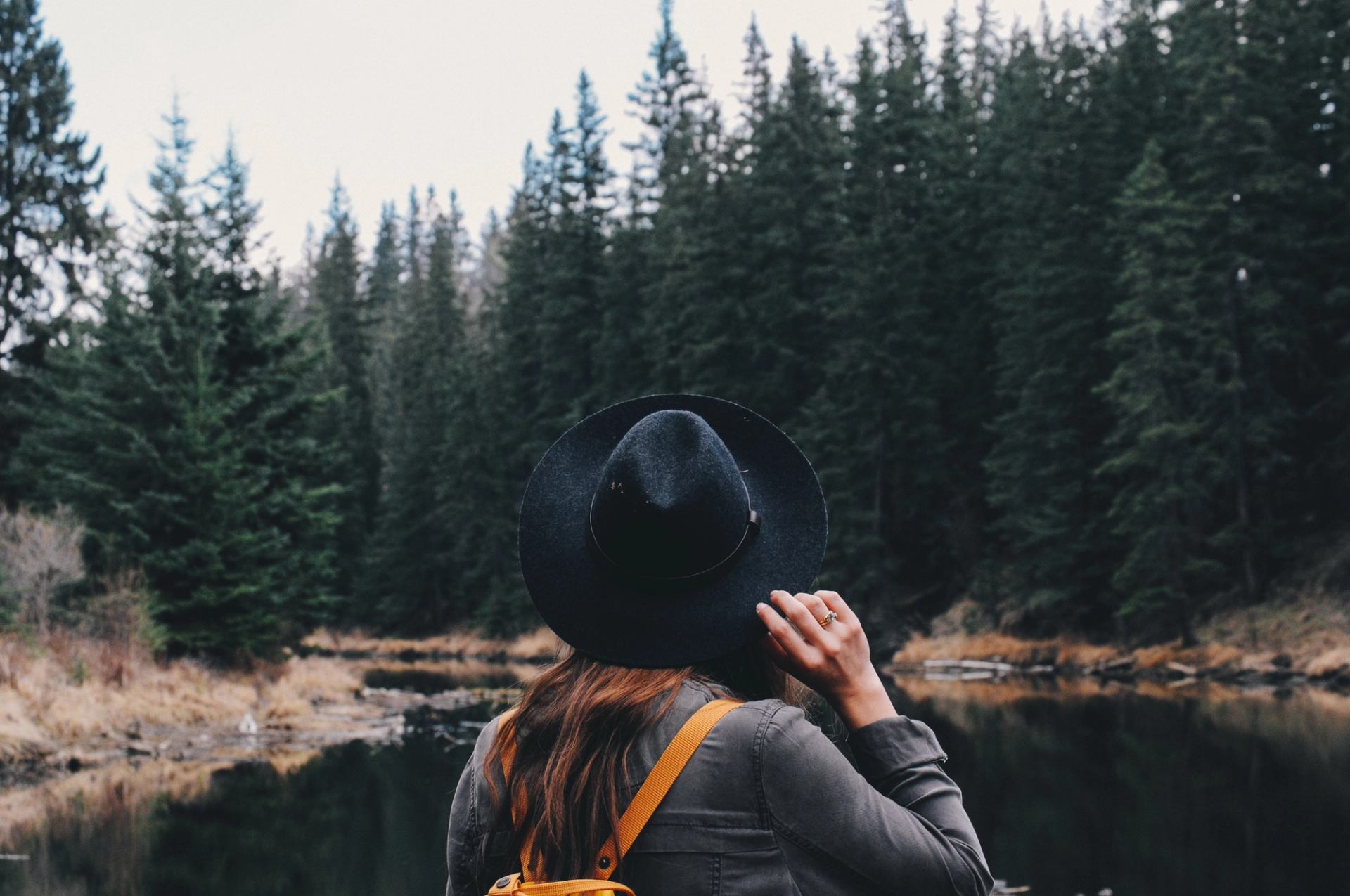Person with black hat and yellow backpack faces forested lake and tall evergreen trees.