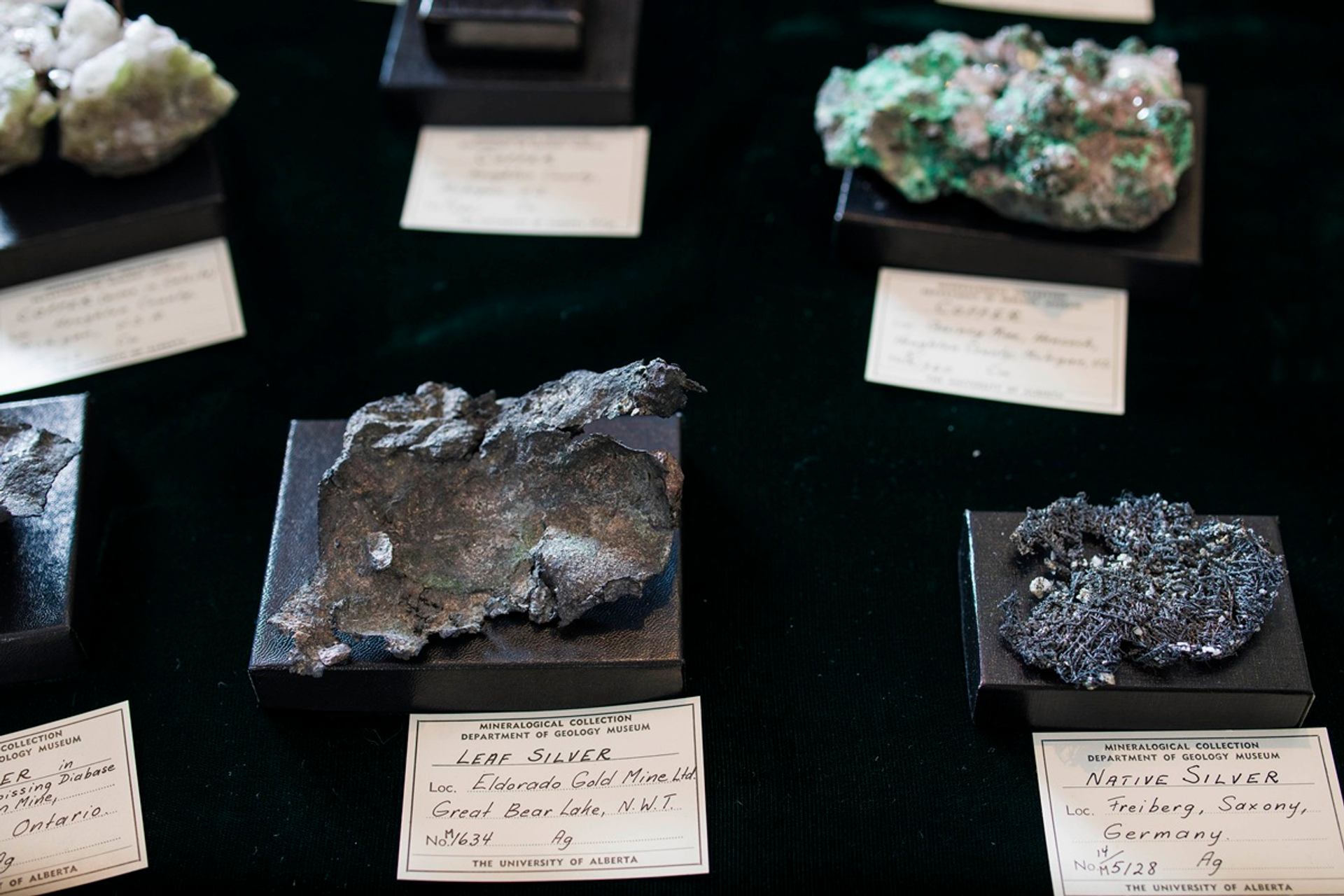 Mineral display shows labelled silver ore samples on black stands with museum information cards.