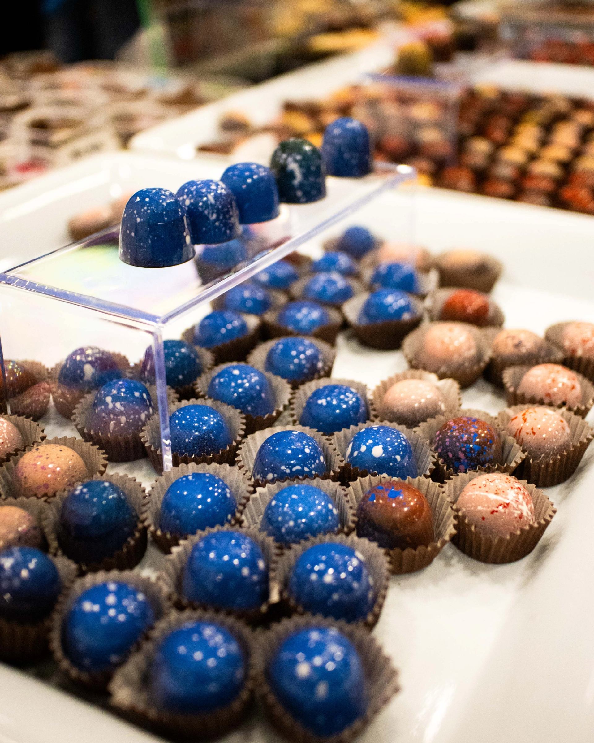 Display case filled with blue and speckled artisan chocolates in paper cups.