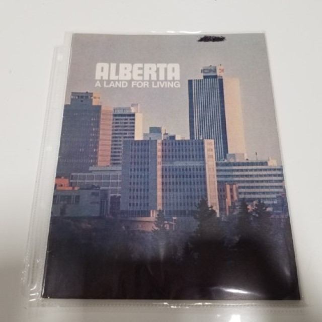 Alberta brochure with city skyline and text “A Land for Living” on the cover.
