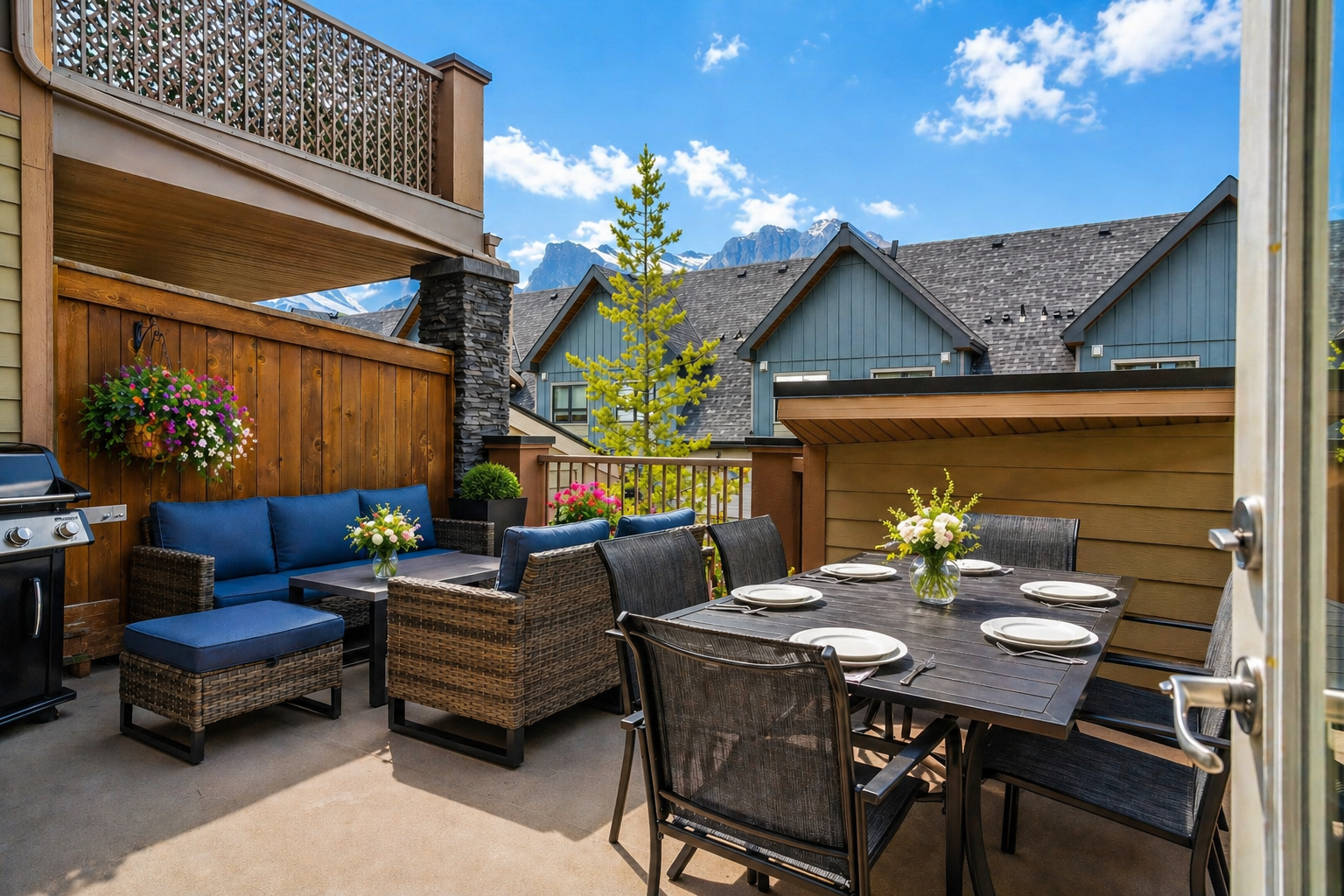 Furnished patio with dining table, blue seating, barbecue and mountain view.