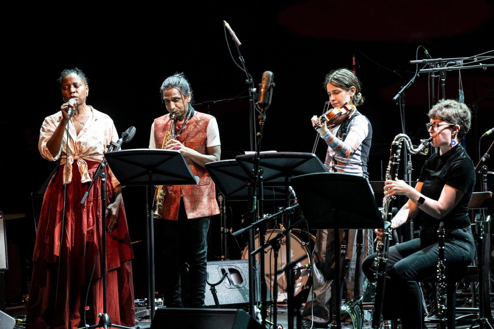 A diverse ensemble of musicians performing live on stage, featuring vocals, saxophone, violin, and bass clarinet.