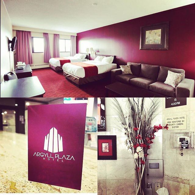 Collage showing a hotel room with two beds, red accent wall, and decorative lobby details.