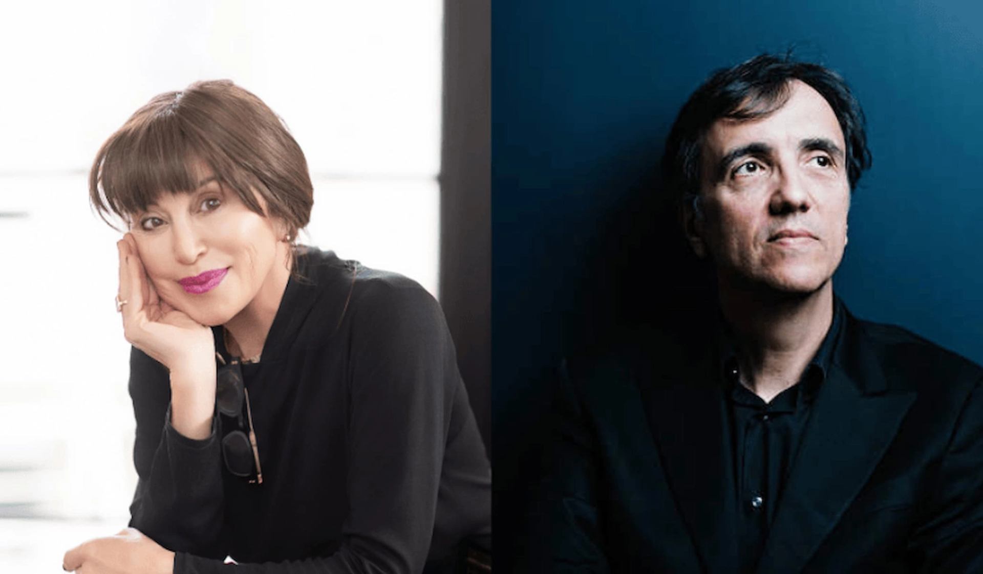 Side-by-side portraits of two people in dark clothing against light and dark backgrounds.