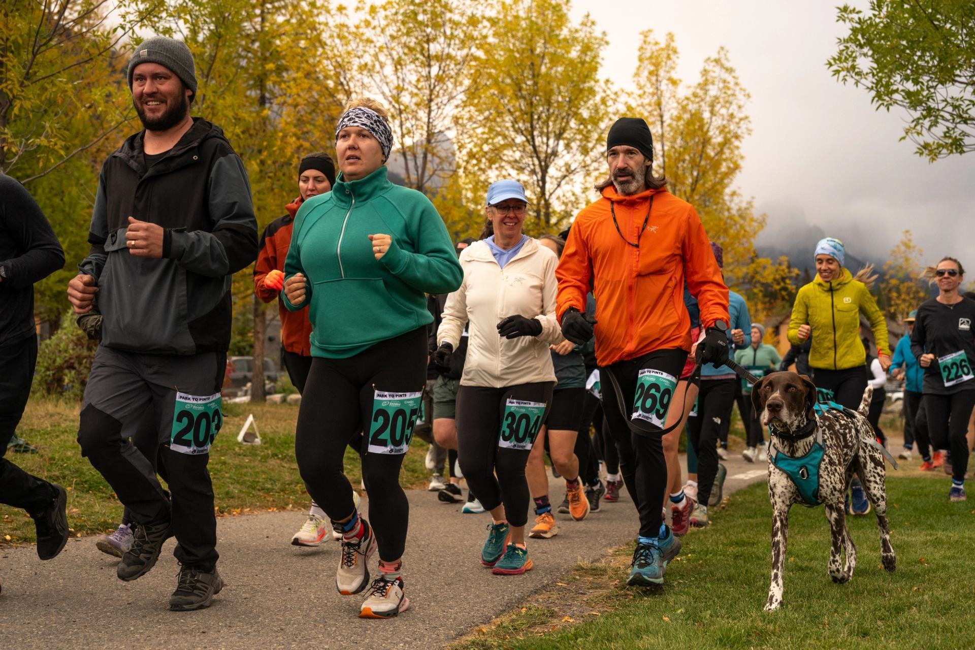 Group of runners with race bibs jogging on park path, dog running alongside.
