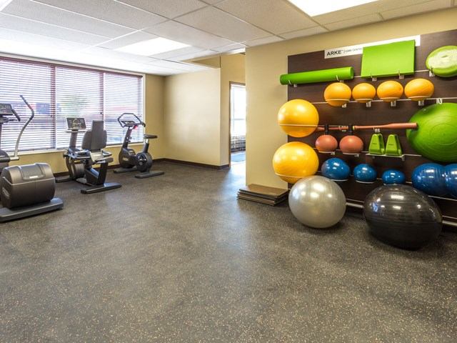 Hotel fitness room with stationary bikes, treadmill and wall rack of exercise balls.