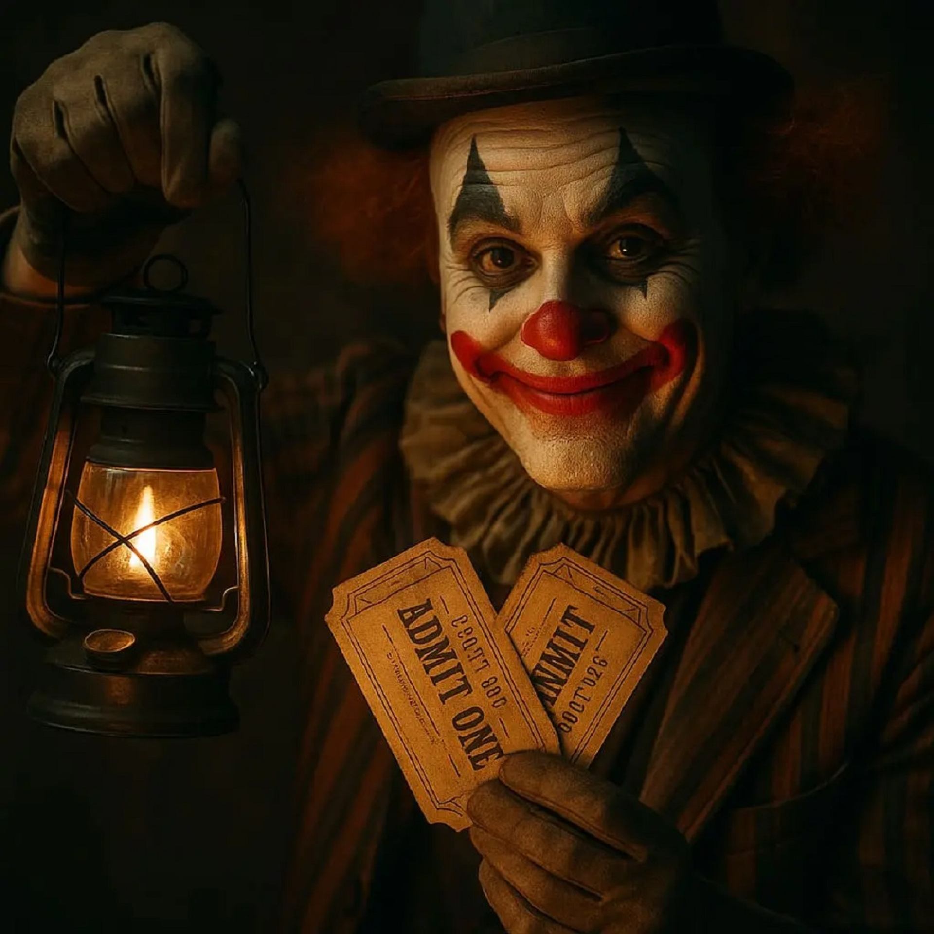 Creepy clown holding lantern and tickets.
