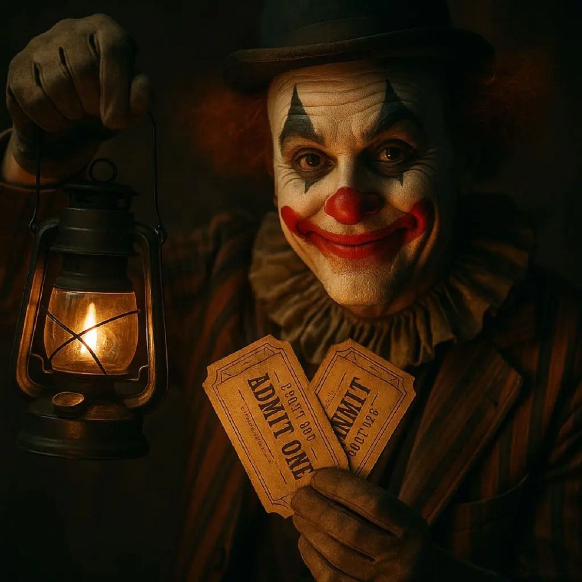 Creepy clown holding lantern and tickets.