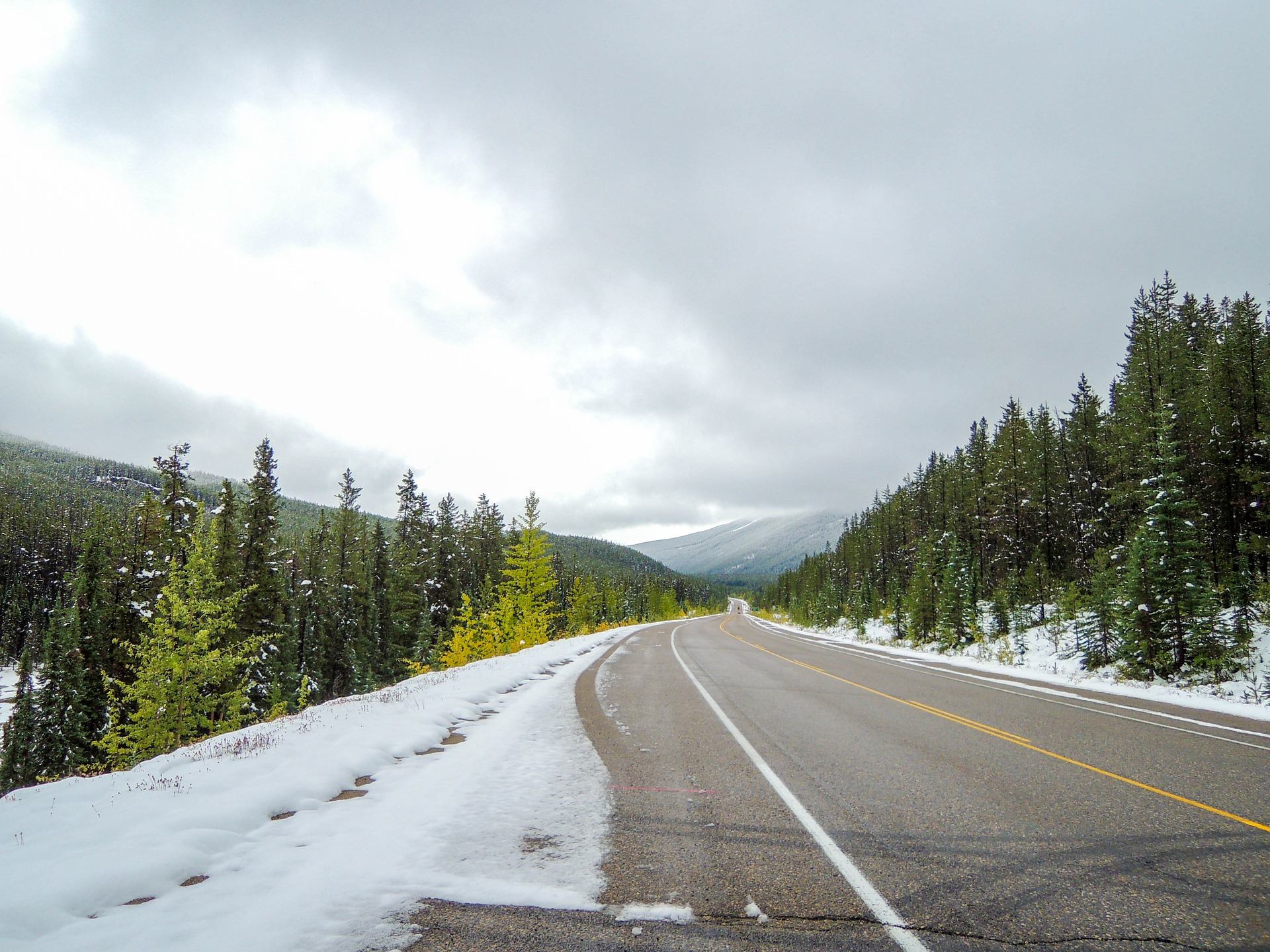 Two-lane highway curves through snow-lined evergreen forest toward distant, cloud-covered mountains.