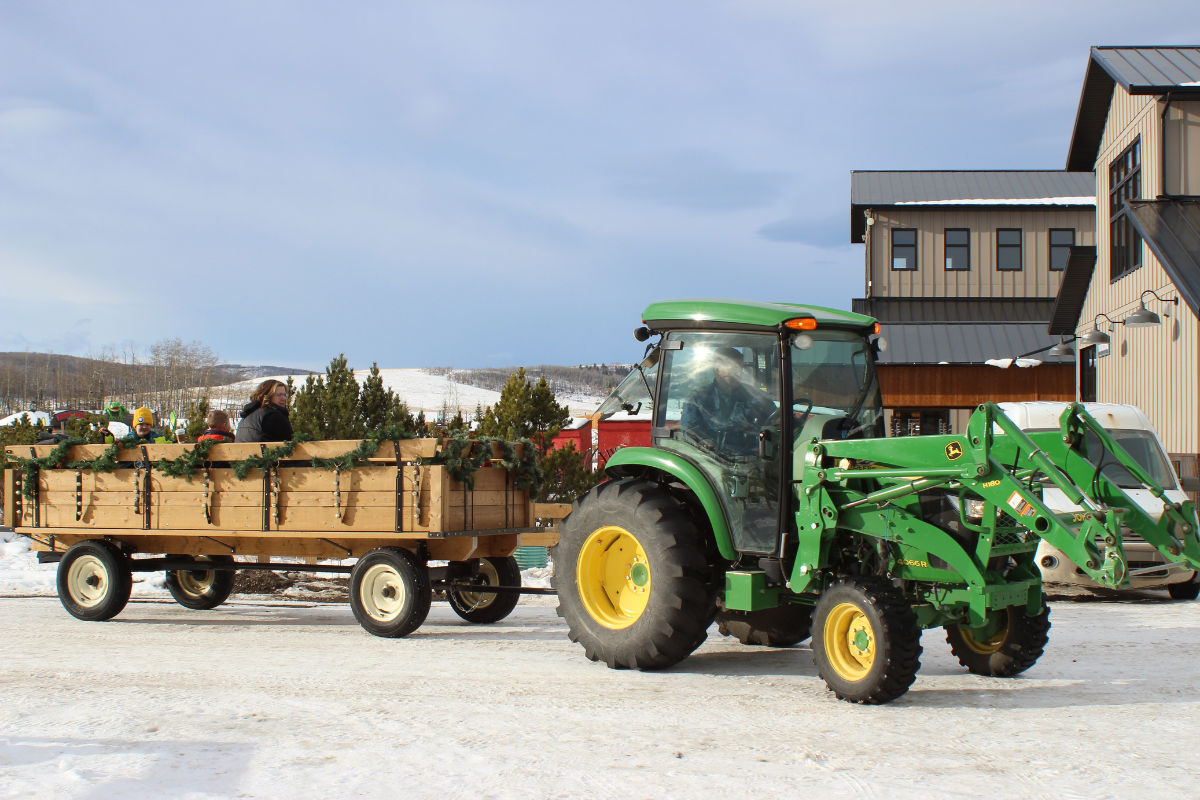 Tractor pulls festive wagon through snow at Granary Road during Christmas season.