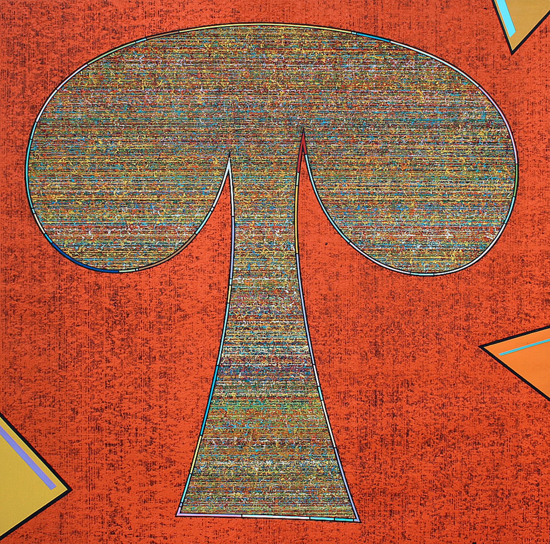 Textured abstract tree shape outlined against an orange background with geometric corner accents.
