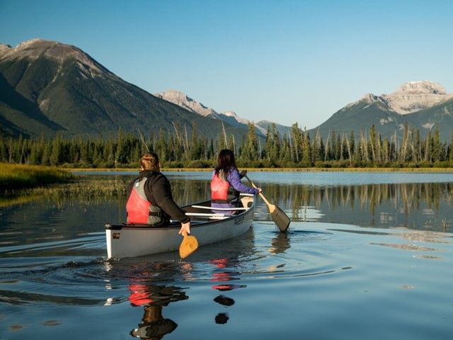 Couple canoeing in the lake.