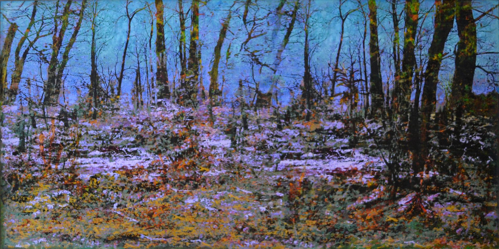 Robin Smith Peck painting of the woodlands in blues, purples, greens, orange, yellows and browns.