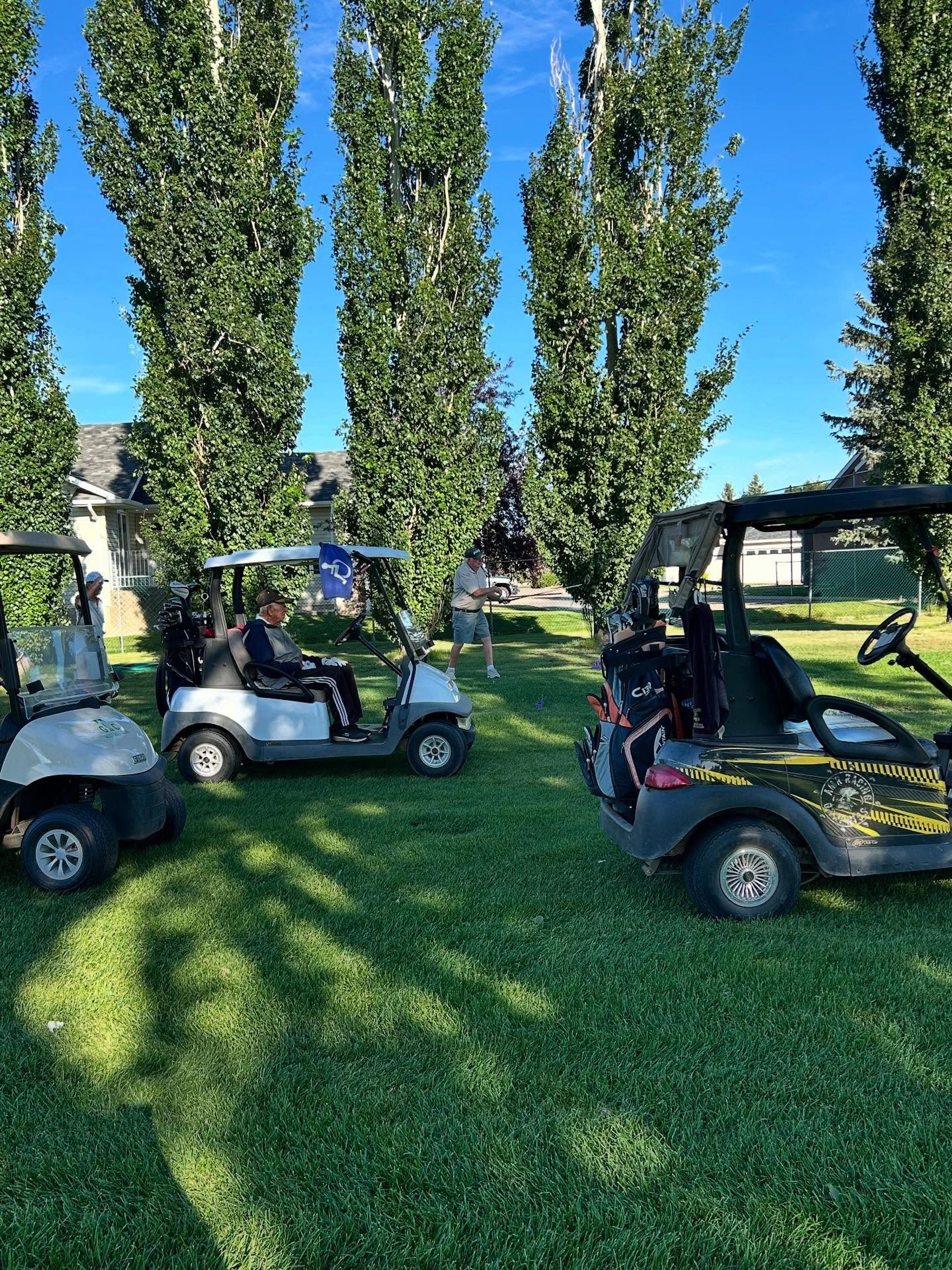 Golf carts parked on grass beside tall trees as players prepare to start.