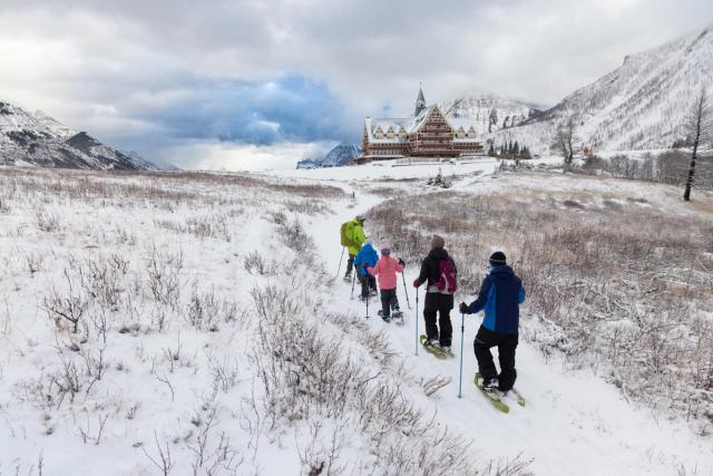 Family enjoying a guided snowshoe tour with Dark Sky Guides.