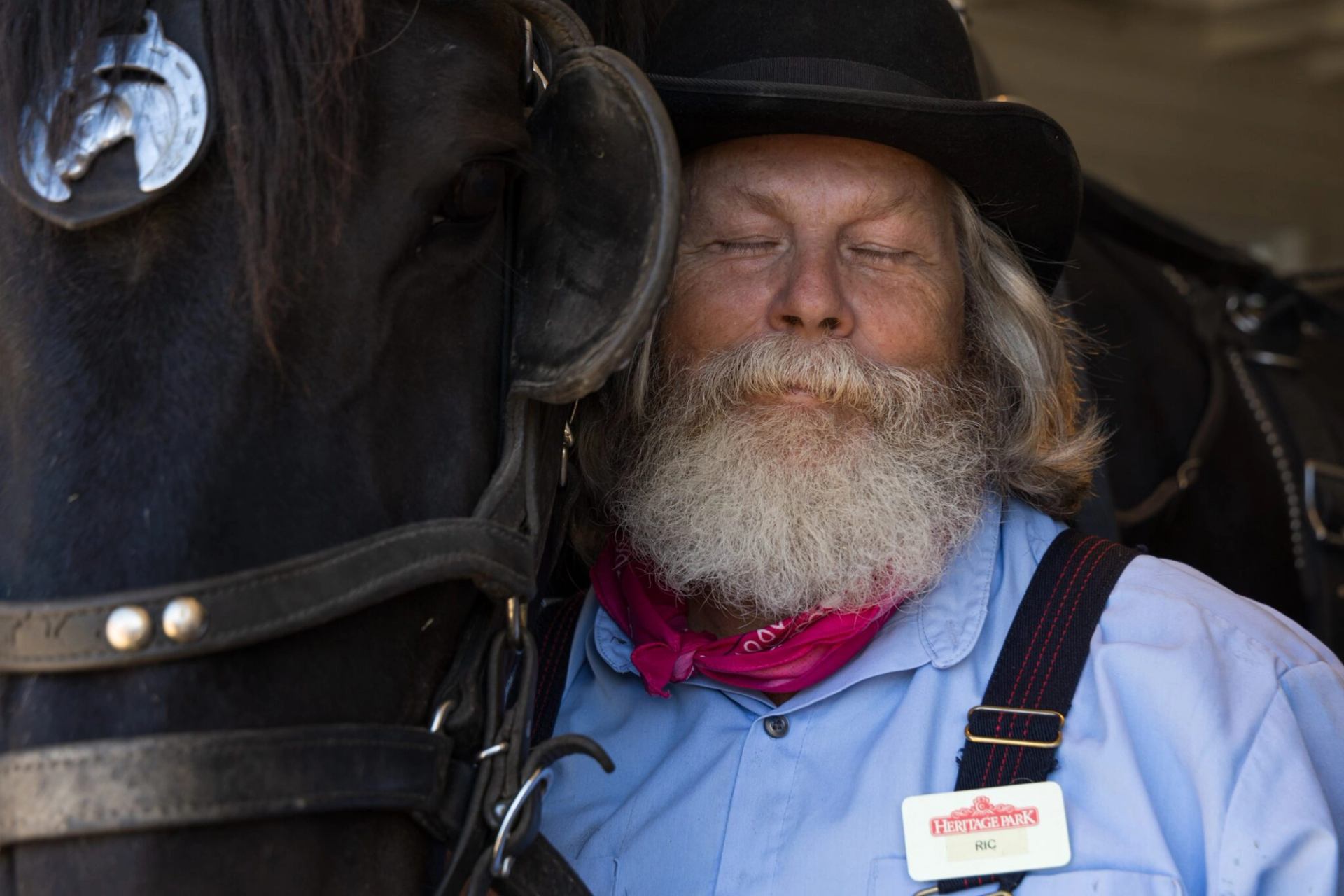 Bearded man in hat stands beside harnessed horse, wearing Heritage Park name tag.
