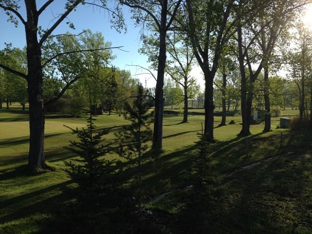 Golf course fairway with trees and a distant archway structure in Bowden Hi-Way area.