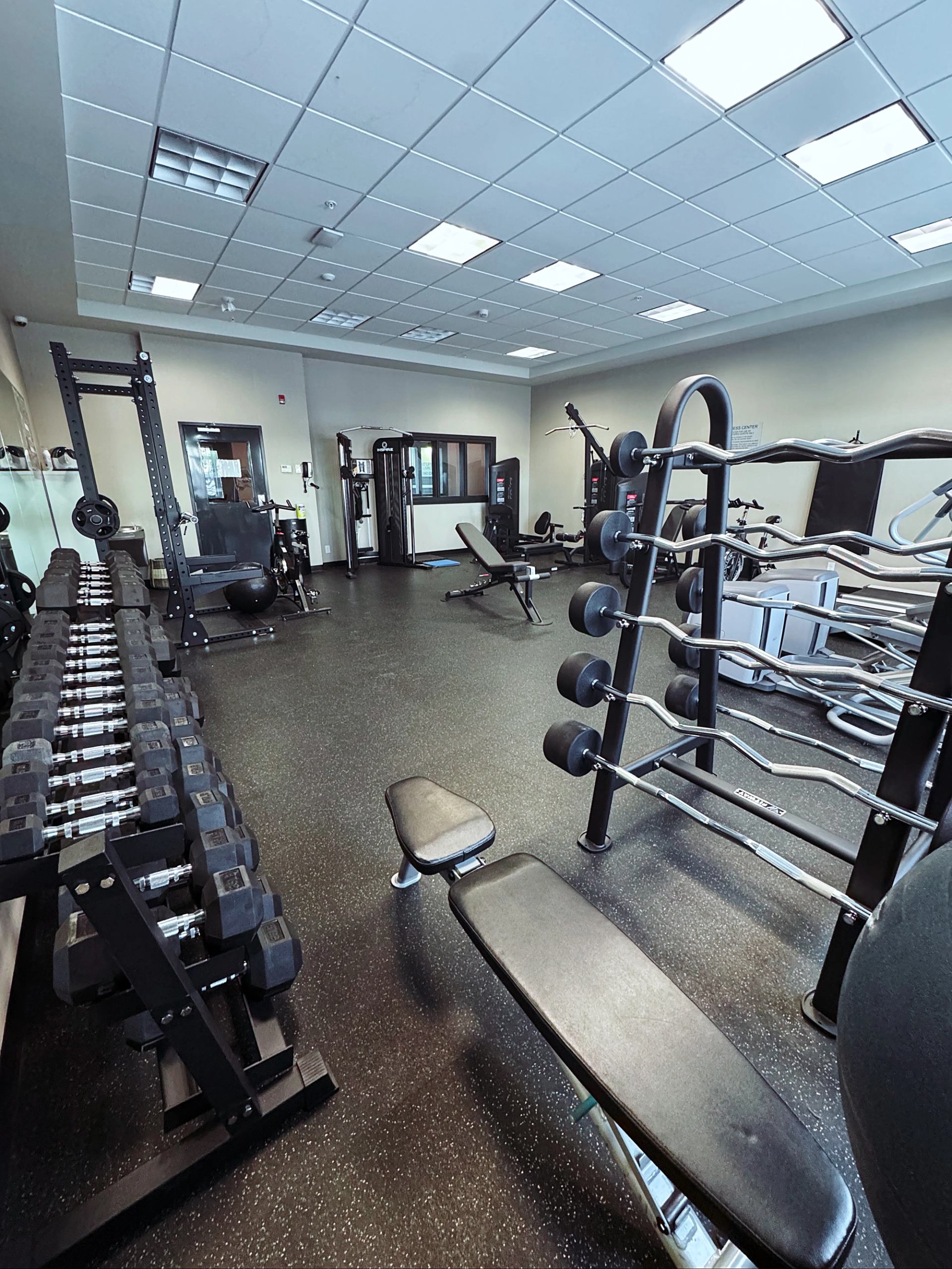 Hotel fitness center with free weights, benches, and workout equipment.