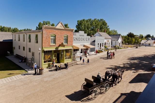 A wide aerial shot of Heritage Park in Calgary.