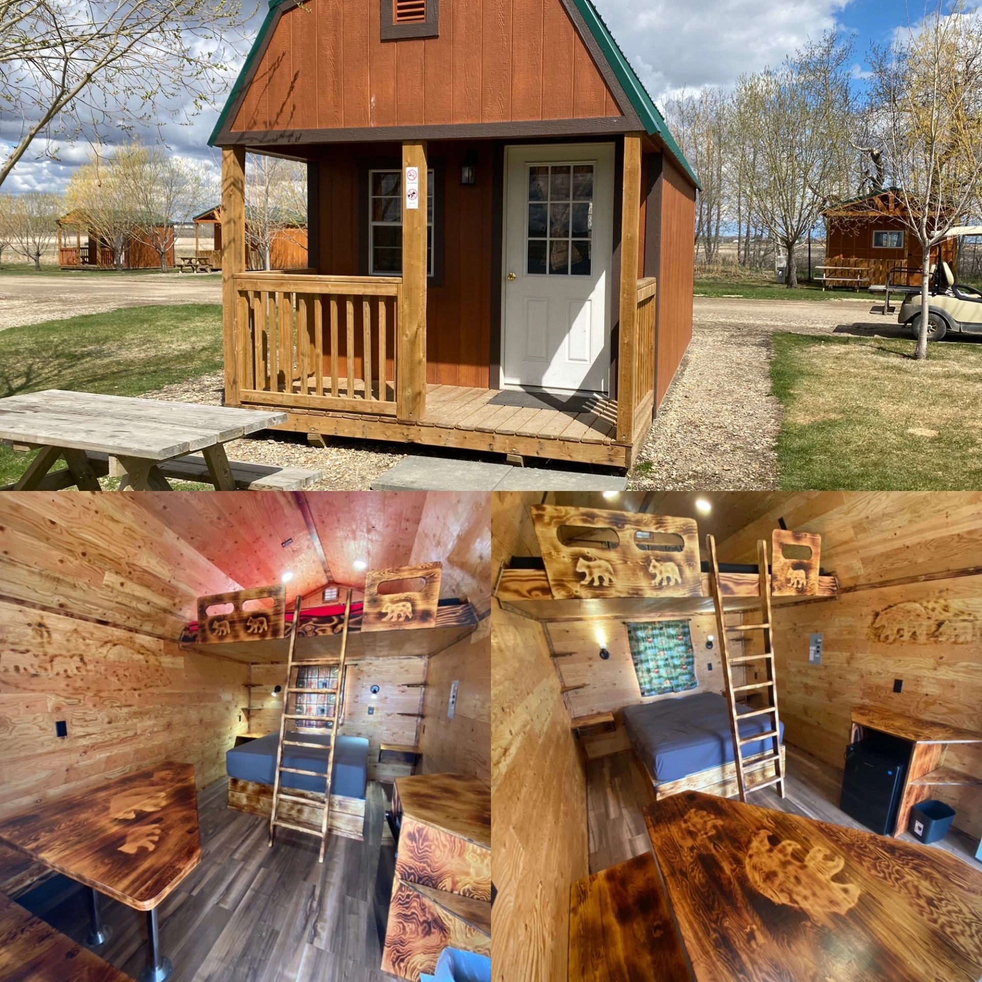 Small wooden camping cabin exterior and rustic interior with bunk beds, table and kitchenette.