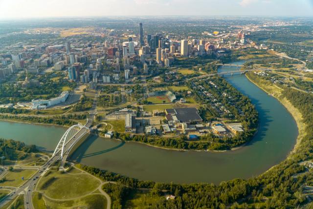 Aerial view of the Alberta Legislature building and downtown Edmonton.