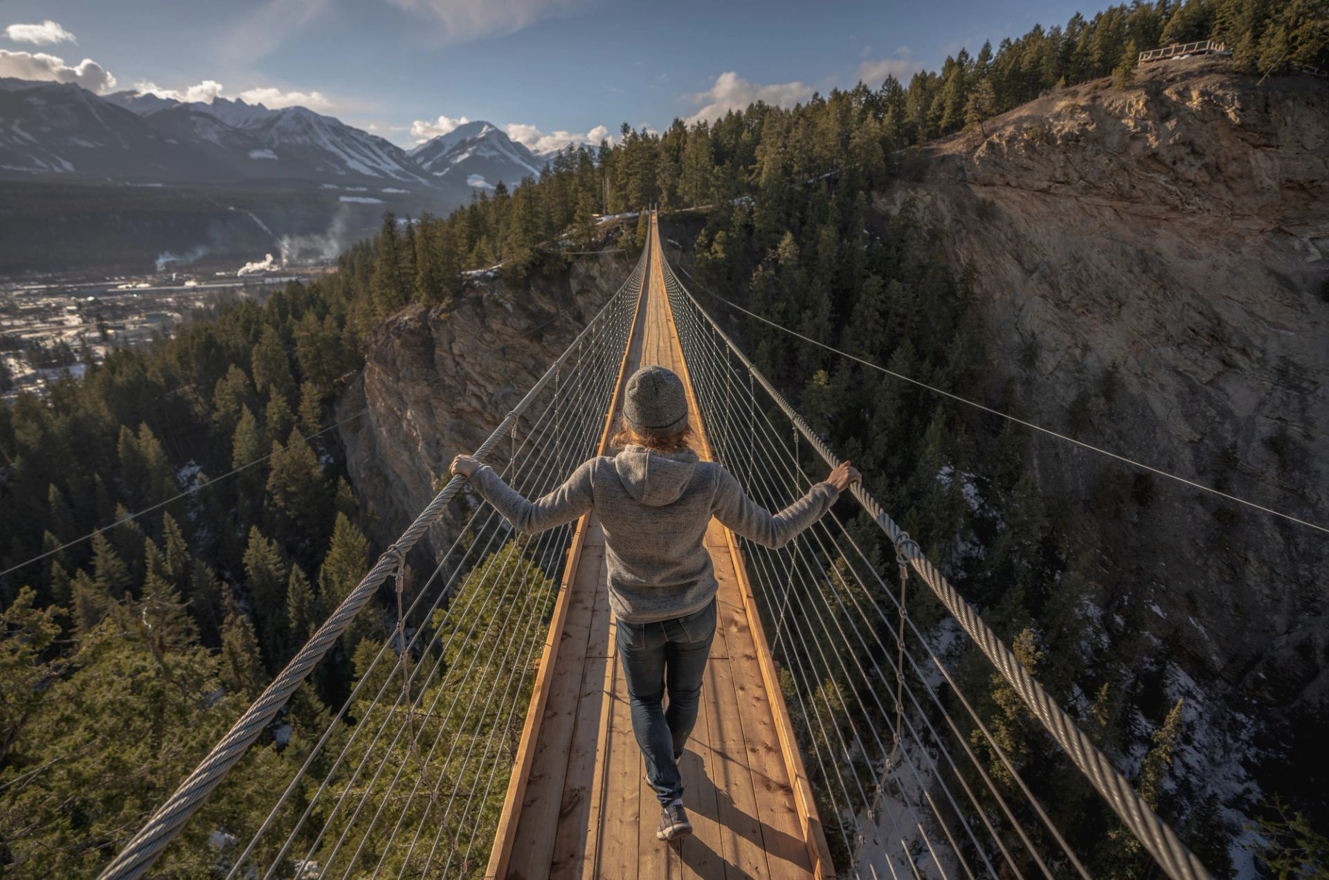 Girl walking along the skybridge