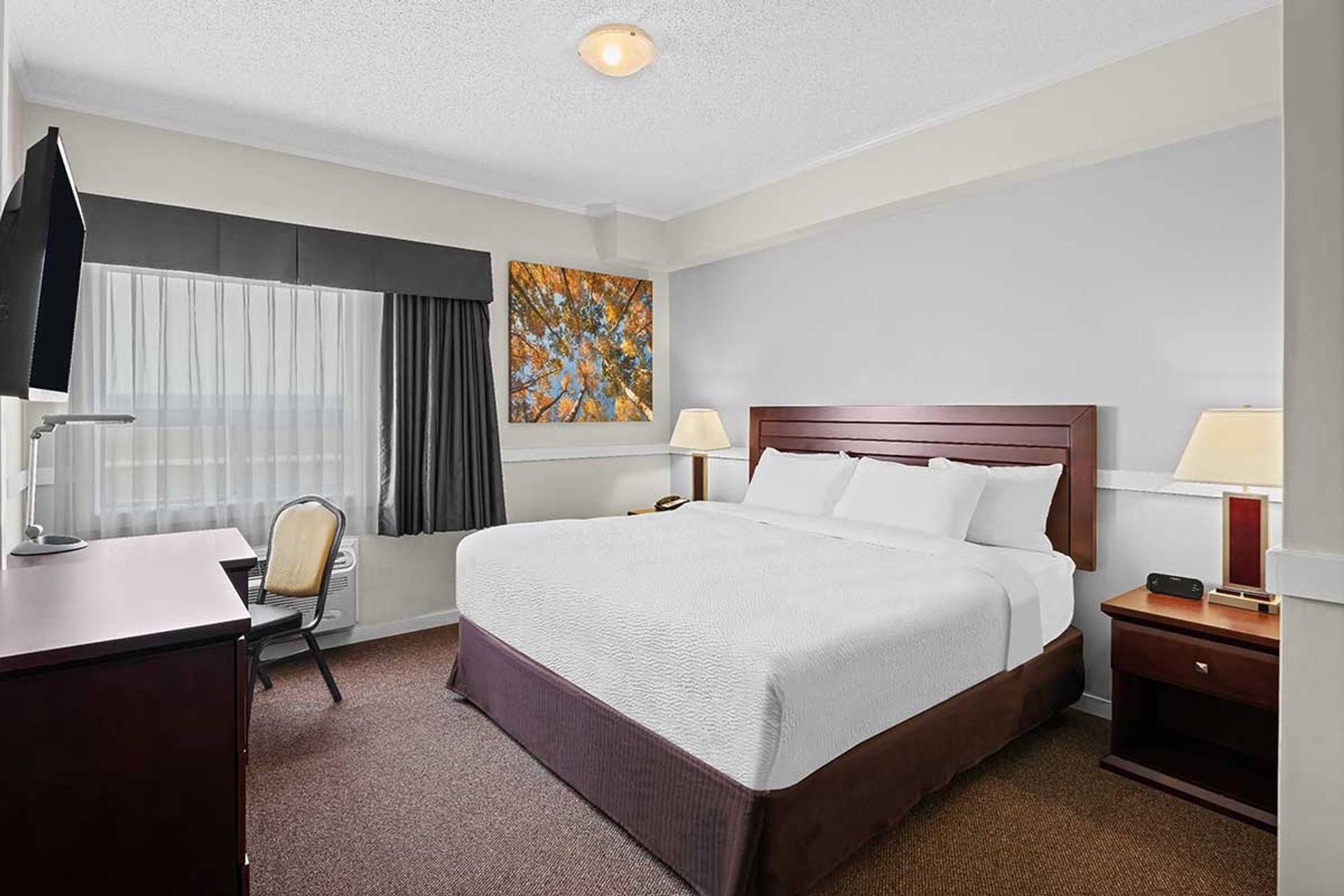 Hotel room with a bed, desk, chair, lamps, window and wall art.